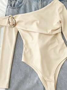 IslaSuriya Autumn Elegant Metal Decor One Shoulder Bodysuit For Women - Apricot - View 3