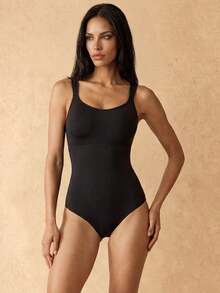 Silquee Bodysuit Pembentuk Tubuh Wanita Warna Polos dari Spandex dengan Bra Terintegrasi, Victoria Secret, Seksi untuk Kencan Malam, Pengontrol Perut untuk Kebugaran, Victor - Hitam - View 5