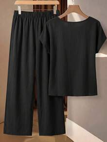 SHEIN Clasi Women's Summer Solid Color Round Neck Top And Long Pants Casual Daily Outfit - Black - View 2