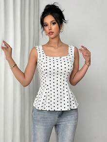 SHEIN Raffinéa 印花布料V領抓皺繫帶無袖女裝上衣 - 黑與白 - 查看 3