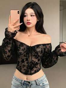 DAZY 秋季花卉植絨黑色露肩繫帶前襟長袖女款T恤，適合婚禮、夜生活、派對、度假，性感外出上衣 - 黑色 - 查看 3