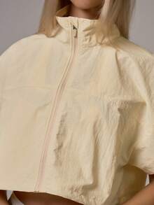 Musera Sport Funnel Neck Zip Through Short Sleeve Cropped Cinched Bungee Waist Nylon Style Jacket Fall Autumn Winter Gym Workout Cute - Butter Yellow - View 3