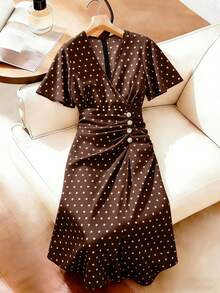 Velvienne Plus Size Woven Elegant Polka Dot Summer Women's Dress - Coffee Brown - View 3