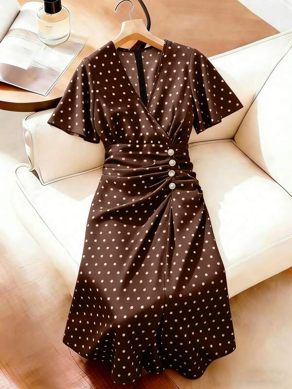 Velvienne Plus Size Woven Elegant Polka Dot Summer Women's Dress
