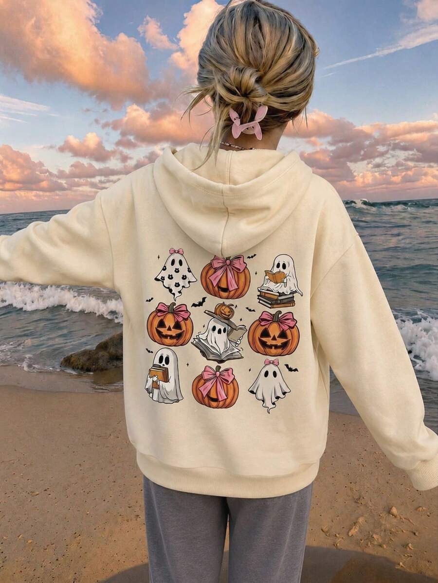 Tween Girl Ghost Print Long Sleeve Loose Casual Sweatshirt - Multicolor - View 1