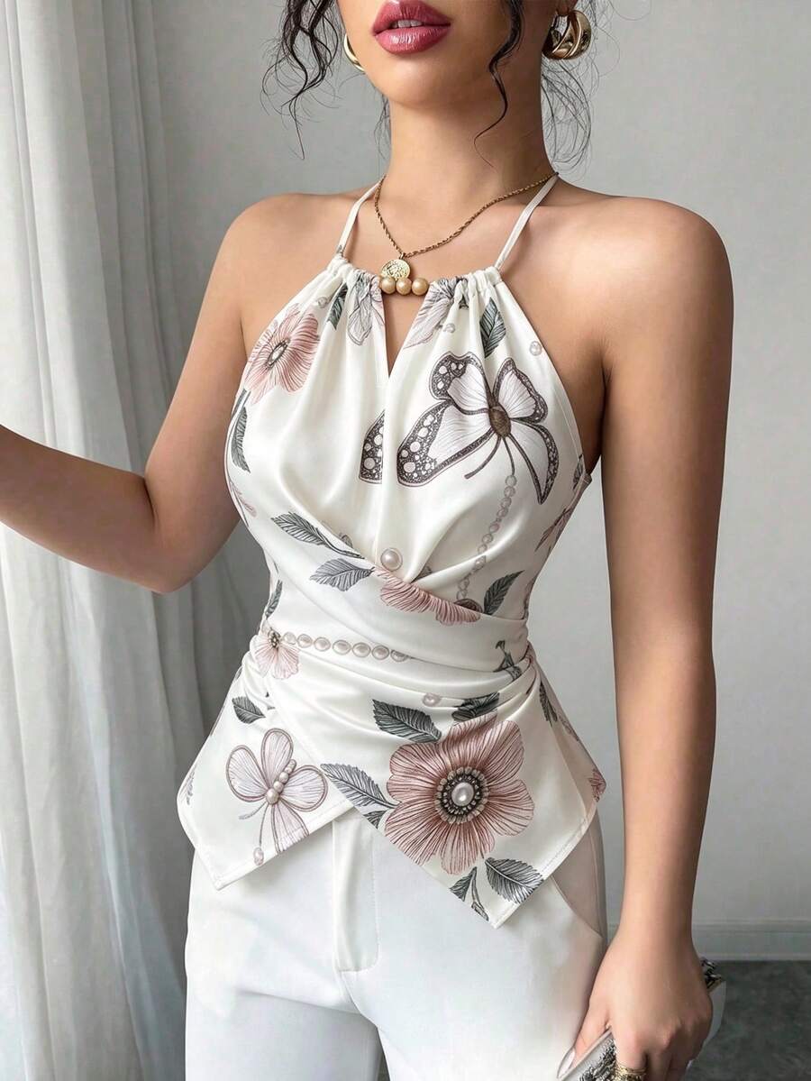 Elenzga Women's Spring/Summer Exquisite Elegant Butterfly Floral Print Spaghetti Strap Crossover Tie Waist Slimming Fitted Camisole Top - Multicolor - View 1