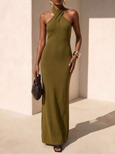 Zivah Women's Solid Color Casual Daily Outing Halter Neck Dress