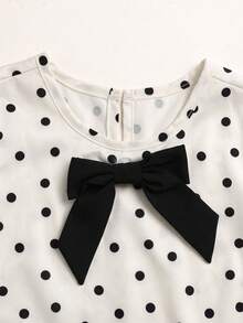 SHEIN LMoss Kids 女童編織波點圖案蝴蝶結對比飾邊休閒洋裝 - 黑與白 - 查看 3