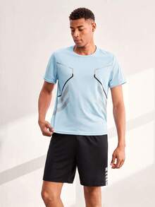 Driftmere 2pcs/Set Men's Summer Short Sleeve Outfit, Casual Sports Round Neck T-Shirt + Shorts Set Gym Running - Blue - View 3