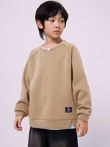 SHEIN Kids Tween Boy Casual Daily Versatile Comfortable Patchwork Contrast Color 2 In 1 Crew Neck Loose Pullover Long Sleeve Knit Sweatshirt Suitable For Commuting School Daily Casual Vacation Travel Sports Autumn Winter - Khaki - View 4