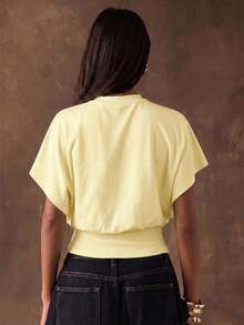 SHEIN BAE تي شيرت نسائي بأكمام خفاشية من القطن بنسبة 95% باللون الأصفر الكريمي - أصفر - مشاهدة 2