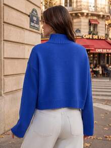 Elafinee Mock Neck Drop Shoulder Crop Jumper - Royal Blue - View 2