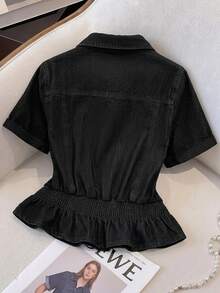 SHEIN MOD Atasan Denim Kasual Harian Wanita Ukuran Plus dengan Kancing Tunggal - Hitam - View 2