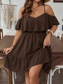 SHEIN VCAY Vestido de mujer talla grande unicolor vacaciones patchwork volantes hombros descubiertos - Café integral - Ver 4