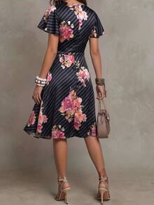 Solivie Women's Floral Print Overlap V-Neck Ruffle Short Sleeve Elegant Midi Dress Brunch Black And Pink Summer - Black - View 2