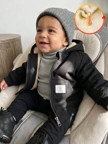 SHEIN Playful Pals 1pc Toddler Infant Baby Boy Patch Detail Casual Solid Color Hooded Sweatshirt Cozy Teddy Lined Hooded Jacket With Pocket Fall/Winter - Black - View 6