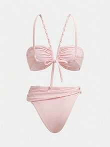 Maija Women's Ruched Halter Neck Vacation Tankini Swimwear Set Bathing Suits For Women - Pink - View 7