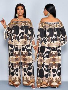 SHEIN PETITE CURVE 2pcs Set Plus Size Women Ditsy Floral Vacation Casual Spring/Summer Off-Shoulder Shirt + Wide Leg Pants Camouflage - Brown - View 4