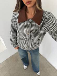 Aloruh 女款休閒格紋西裝外套，秋冬大衣，女款秋季服飾，拼色格紋學院風，女款秋季穿搭 - 灰色 - 查看 5