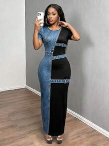 INAWLY Solva New Women's Plus Size Bestselling Denim Effect Fitted Bodycon Casual Dress Fall - Multicolor - View 5