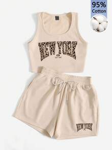 SHEIN EZwear 女款 95% 棉休閒極簡復古豹紋紐約字母圖案圓領修身背心與抽繩短褲兩件套 - 杏色 - 查看 11