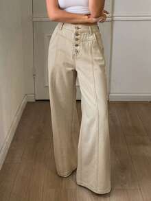 Livesso High Waist Button Placket Beige Apricot Contrast Stitch Straight Leg Loose Wide Leg Casual Women's Jeans Fall - White - View 3