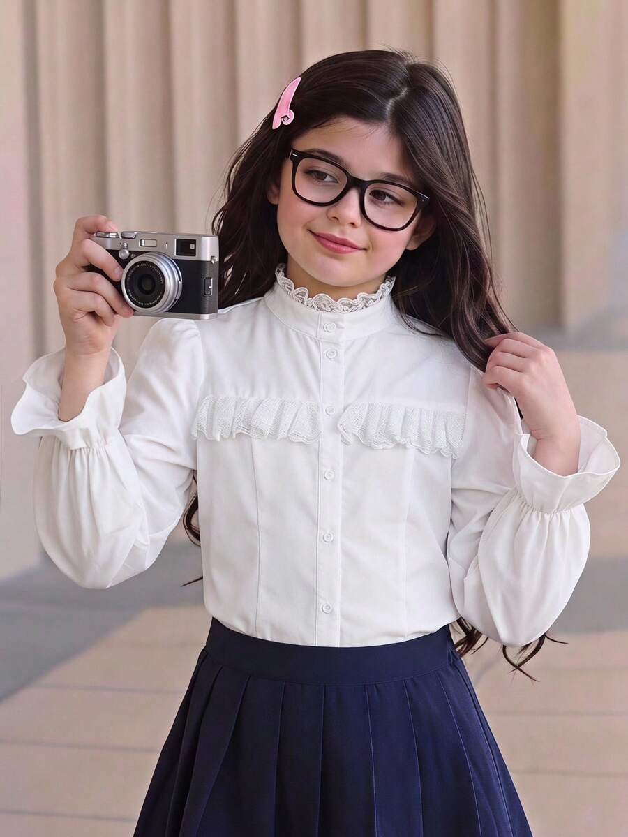 Tween女孩優雅荷葉邊立領燈籠袖荷葉飾邊長袖白色襯衫,返校季學院風白色襯衫 - 白色 - 查看 1