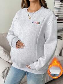 SHEIN Maternity Nursing Embroidered Long Sleeve Crew Neck Top, Casual Versatile Fall - Grey - View 1