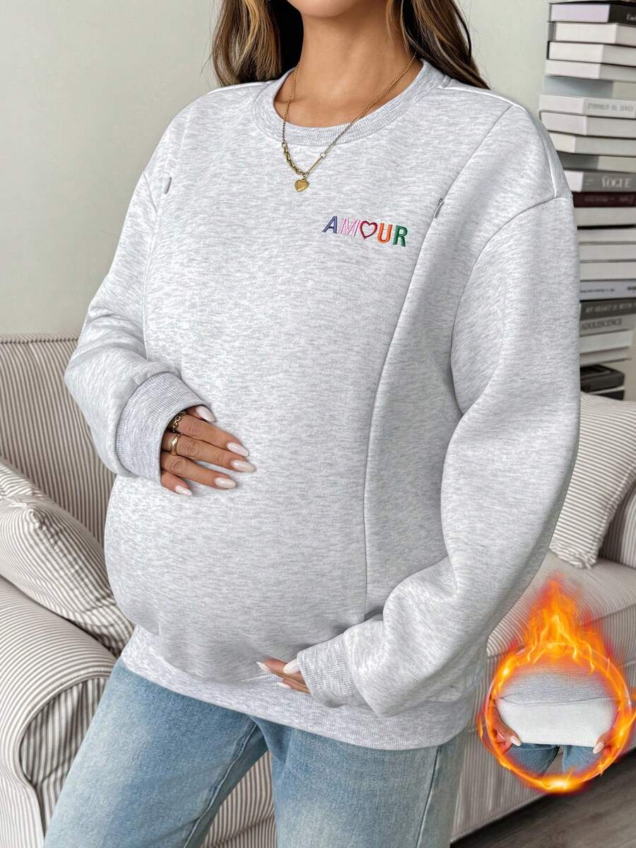 SHEIN Maternity Nursing Embroidered Long Sleeve Crew Neck Top, Casual Versatile Fall - Grey - View 1