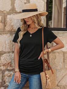 EMERY ROSE Camiseta casual de verano de manga corta con cuello en V y unicolor para mujer - Negro - Ver 3