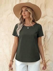 EMERY ROSE Camisa corta de lino caqui para vacaciones campestres de mujer con cuello de barco abotonado de mangas cortas - Verde militar - Ver 3