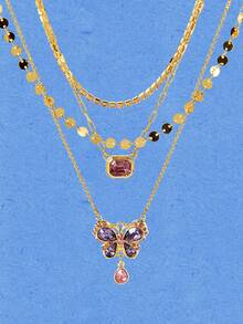 Popjeli Pink And Purple Butterfly Rhinestone Multi-Layer Stacked Necklace Gold Disc Chain Retro Collarbone Chain - Butterfly - View 1
