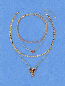 Popjeli Pink And Purple Butterfly Rhinestone Multi-Layer Stacked Necklace Gold Disc Chain Retro Collarbone Chain - Butterfly - View 3