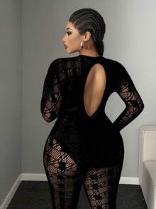 Maweii Women's Plus Size Hollow Out Sheer Fitted Sexy Jumpsuit Fall - Black - View 6