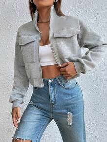 EMERY ROSE Solid Zip Up Drop Shoulder Sweatshirt,Long Sleeve Tops Graduation,Teacher,Back To School Fall - Grey - View 4