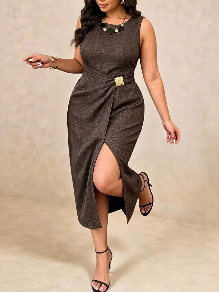 Juhart Plus-Size Brown Autumn/Winter Dress Featuring A Pleated, Cinched Waist And Metallic Accents; The Slit Design Makes It Suitable For Elegant Workwear - Brown - View 1