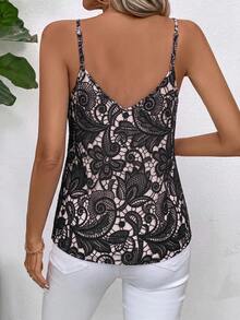 SHEIN Clasi 女款蕾絲休閒百搭日常穿著細肩帶背心上衣 - 黑色 - 查看 2