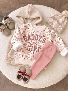 柔霧蓮粉色，可愛甜美字母「Daddy's Girl」❤ 波西米亞柔和花卉圖案，年輕女孩休閒舒適寬鬆圓領衛衣打底褲兩件套，適合秋冬日常、校園、親子、姐妹穿搭，秋季氛圍，新季節新風格新套裝 - 彩色 - 查看 4