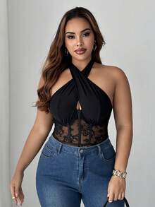 SHEIN PETITE CURVE 大码女式春夏黑色蕾丝性感镂空弹力休闲法式针织百搭舒适叠穿上衣，优雅性感年轻女士服装 - 黑色 - 查看 5