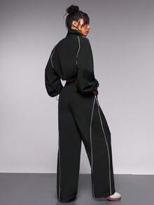 StreetHx Women Contrast Trim Drawstring Hem Jacket With Long Pants Activewear Set Tracksuits Set - Black - View 2