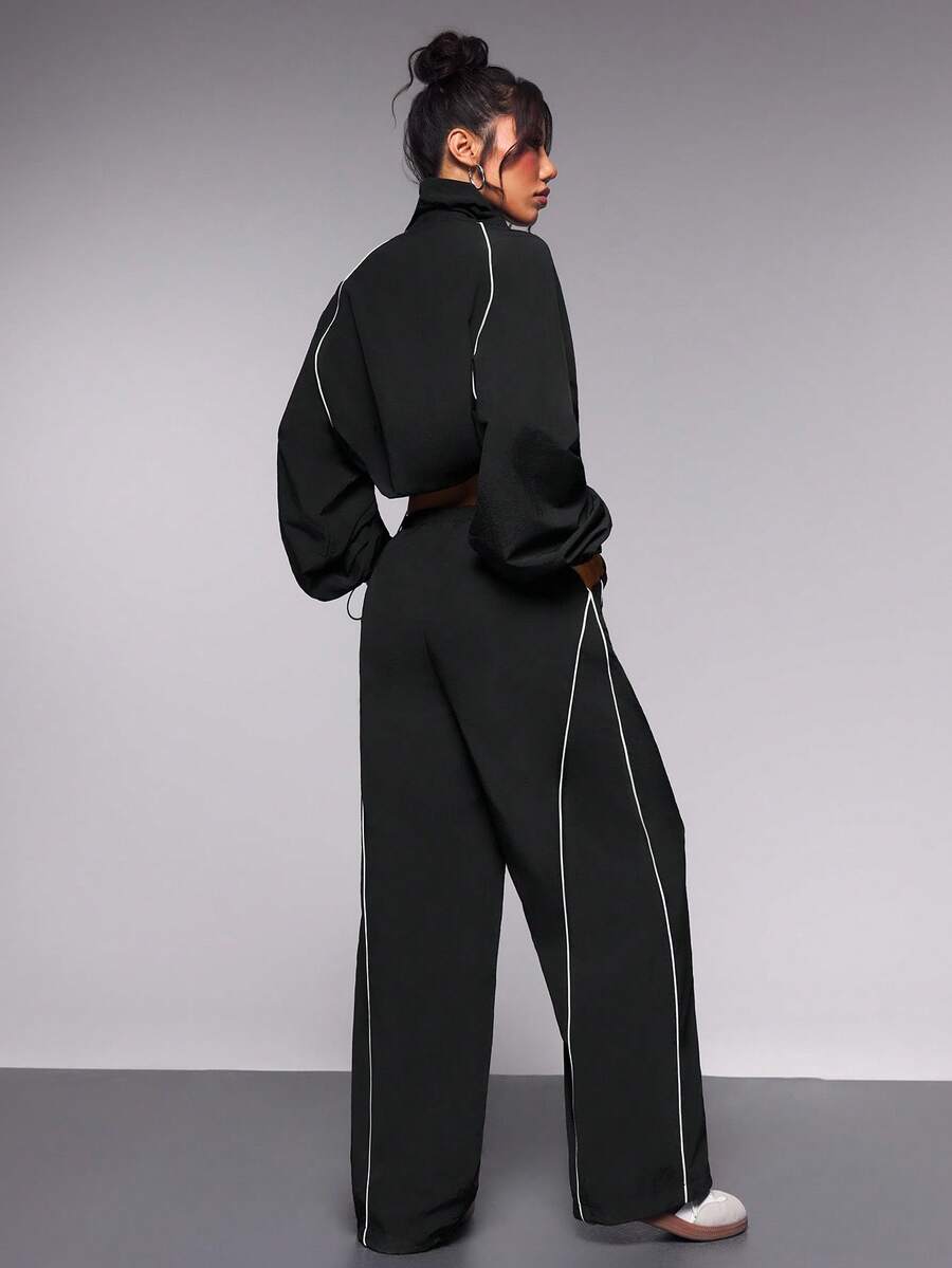 StreetHx Women Contrast Trim Drawstring Hem Jacket With Long Pants Activewear Set Tracksuits Set