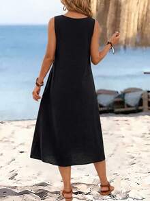 SHEIN LUNE Women's Solid Color Round Buckle V-Neck Sleeveless Midi Dress - Black - View 6