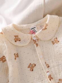 SHEIN Vintaside Kids 3件組新生兒棕色與白色波點棉質穆斯林熊圖案長袖連身衣、帽子與手套套裝，居家穿著，秋冬冬季，柔軟舒適 - 杏色 - 查看 5