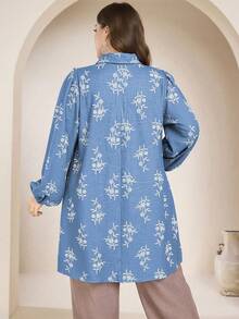 Lacomfia Casual Embroidered-Style Long Sleeve Loose Fit Regular Plus Size Shirt, Spring/Autumn - Blue - View 2