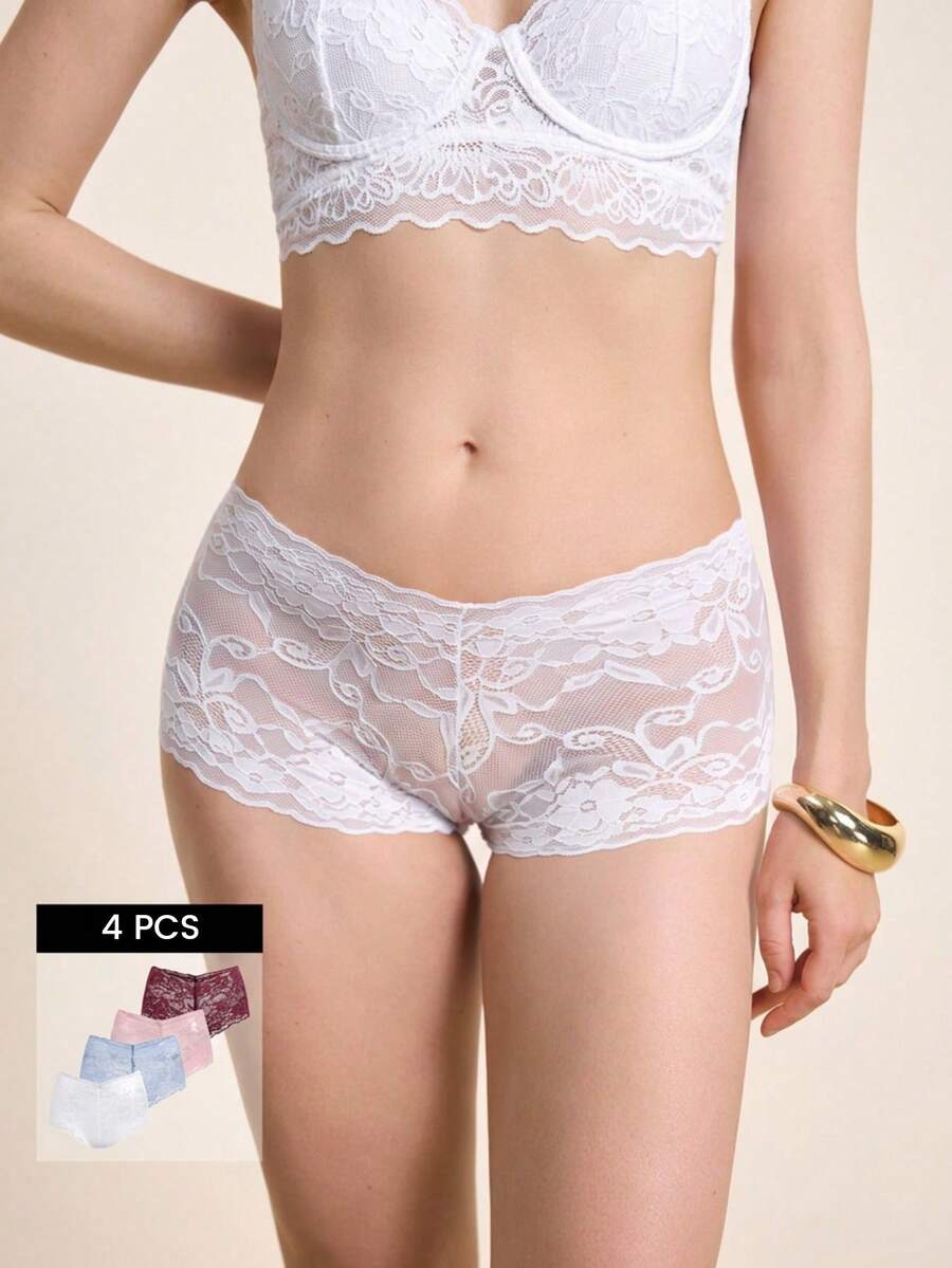 Hourtrue 4條裝女用性感蕾絲拼接低腰三角褲，中腰無縫設計，柔軟透氣，收腹提臀