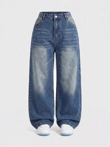 SHEIN MOD Plus Size Women's Casual Everyday Denim Jeans With Pockets And Buttons - Medium Wash - View 2