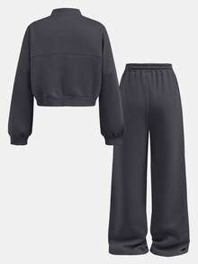 SHEIN Tween女孩秋季2件套長袖運動休閒套裝，連帽衛衣+長褲，日常穿著街頭風校園校外穿搭，深灰色 - 深灰色 - 查看 2