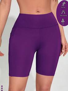 SHEIN Sports 女士夏季简约纯色高腰拼接口袋运动骑行短裤 - Bold Plum - 查看 4