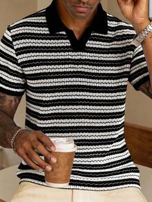 HUEFORM Men's Old Money  Striped Colorblock Casual Versatile Commute Travel Short Sleeve Polo Shirt,The Color-Blocked V-Neck Is More Visually Appealing. - Black and White - View 5