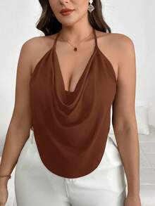SHEIN PETITE CURVE 大尺碼女款純色垂領性感時尚掛脖背心上衣 - 棕色 - 查看 2